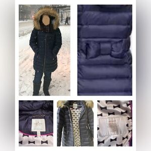 Kate Spade Navy Blue Down Puffer Coat with removable hood/ faux fur collar.